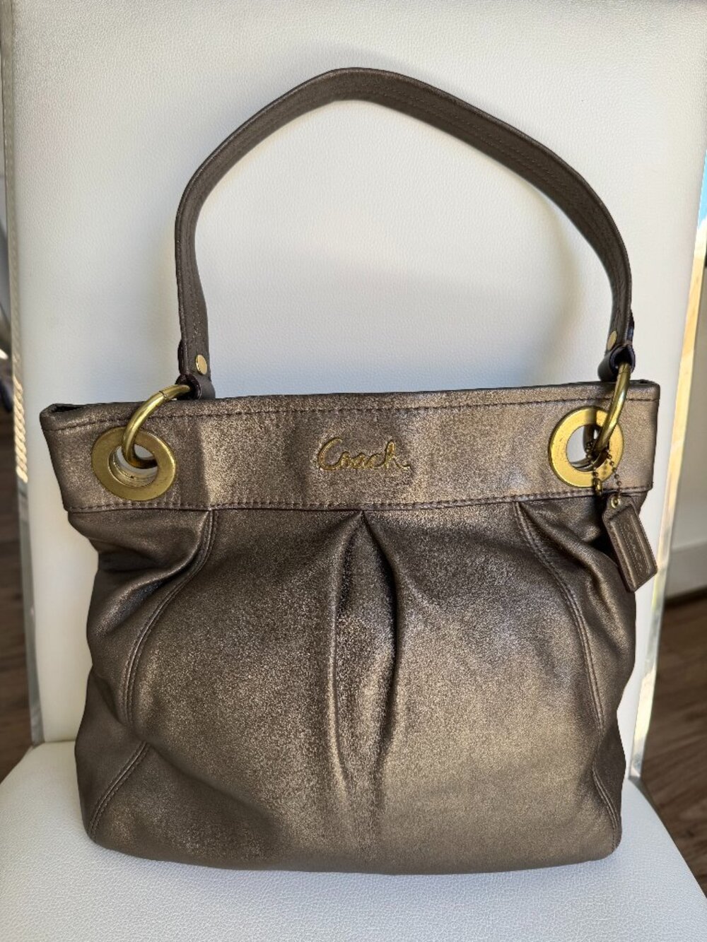 COACH Metallic Bronze Leather Ashley Pleated Hippie Shoulder Bag Hobo F17605